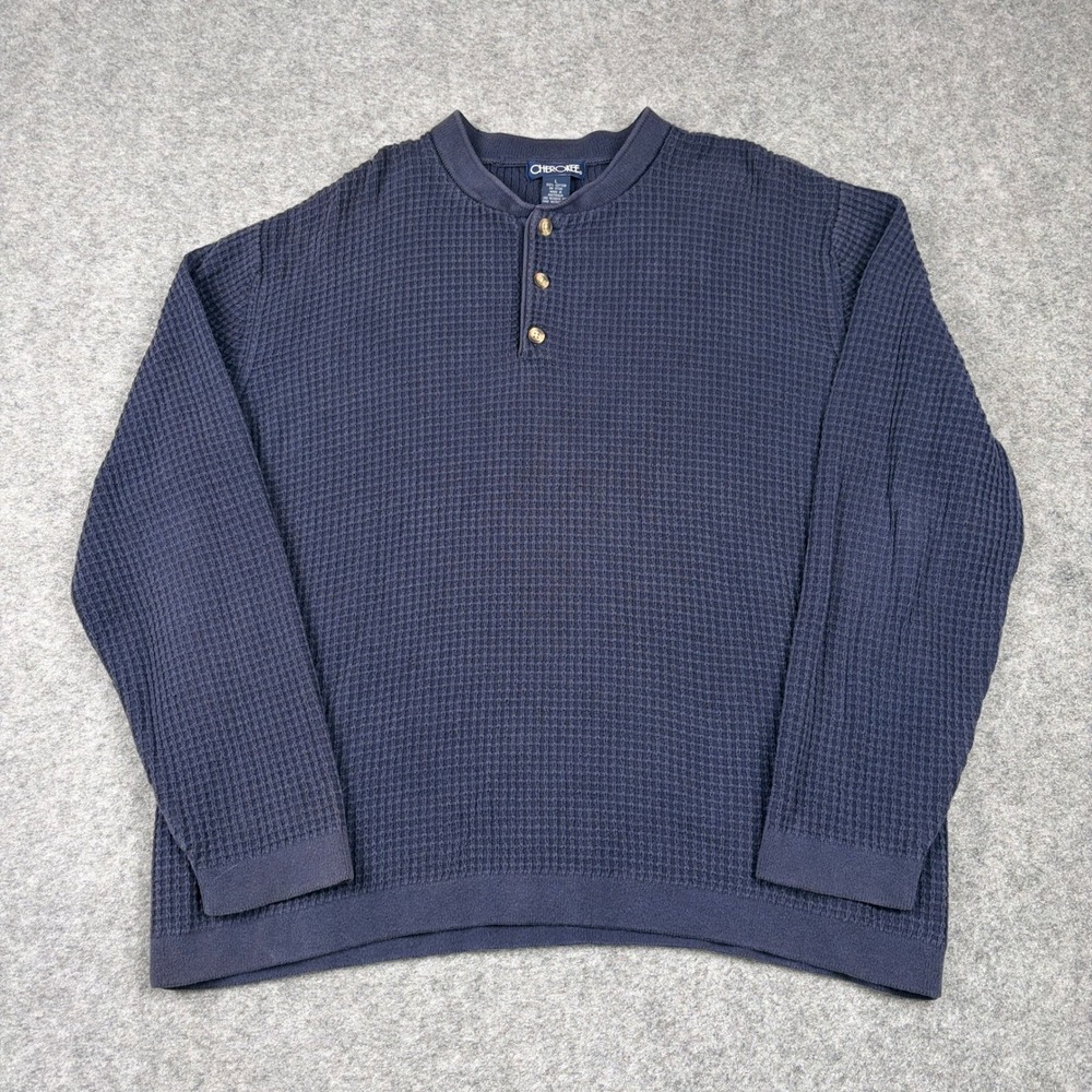 Cherokee Henley Sweater Mens L Navy Blue Waffle Knit Long Sleeve Cotton Pullover